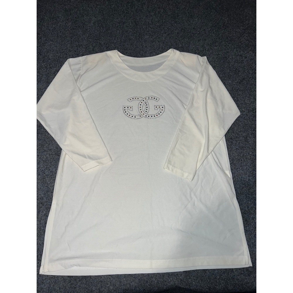 Unbranded White Rhinestone Logo Long Sleeve Top Polyester Shirt Large